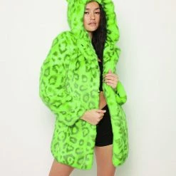SpiritHoods LLC VIBRANT COLORS Neon Green Leopard Luxe Classic Faux Fur Coat | Women's