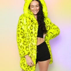 SpiritHoods LLC COLORFUL PARTY ANIMALS Neon Yellow Leopard Luxe Classic Faux Fur Coat | Women's