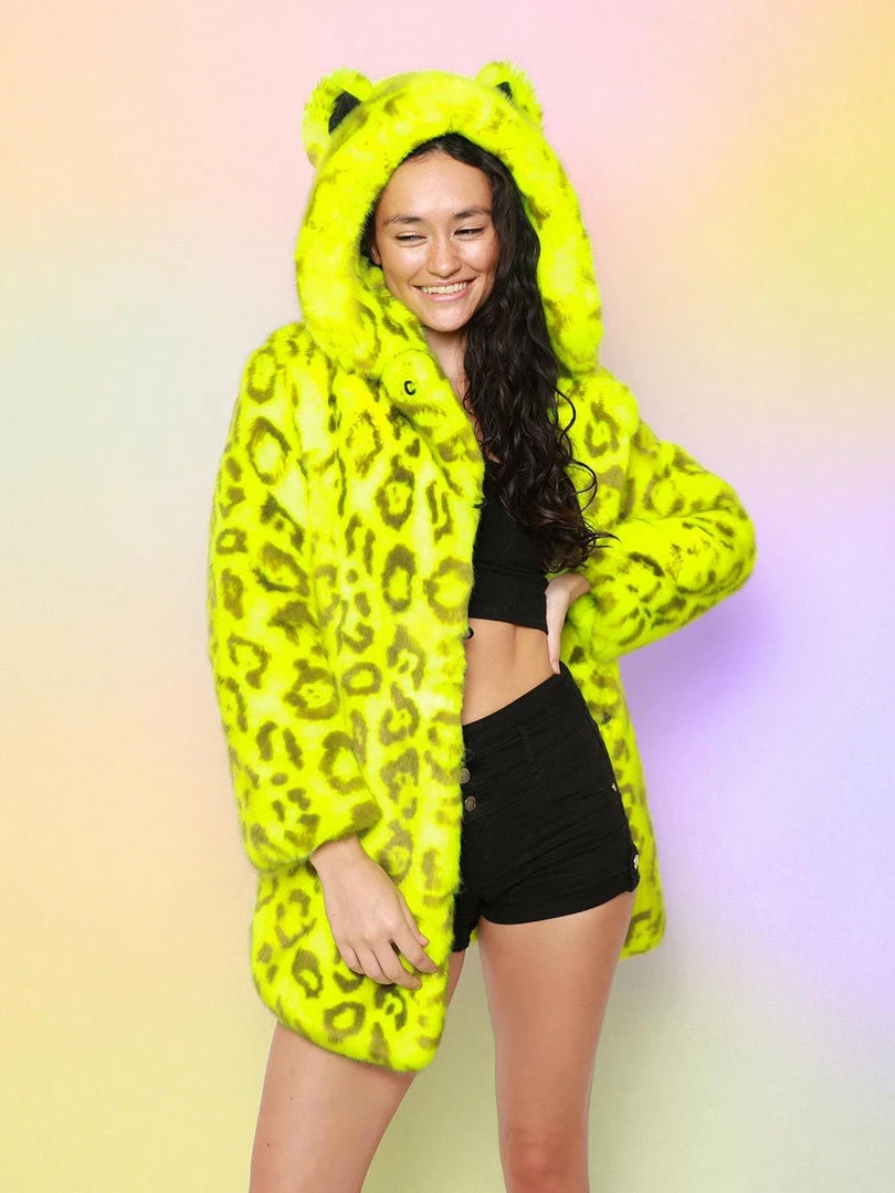 SpiritHoods LLC COLORFUL PARTY ANIMALS Neon Yellow Leopard Luxe Classic Faux Fur Coat | Women's 1 SpiritHoods LLC COLORFUL PARTY ANIMALS Neon Yellow Leopard Luxe Classic Faux Fur Coat | Women's