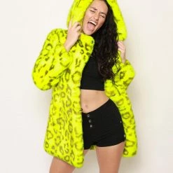 SpiritHoods LLC COLORFUL PARTY ANIMALS Neon Yellow Leopard Luxe Classic Faux Fur Coat | Women's