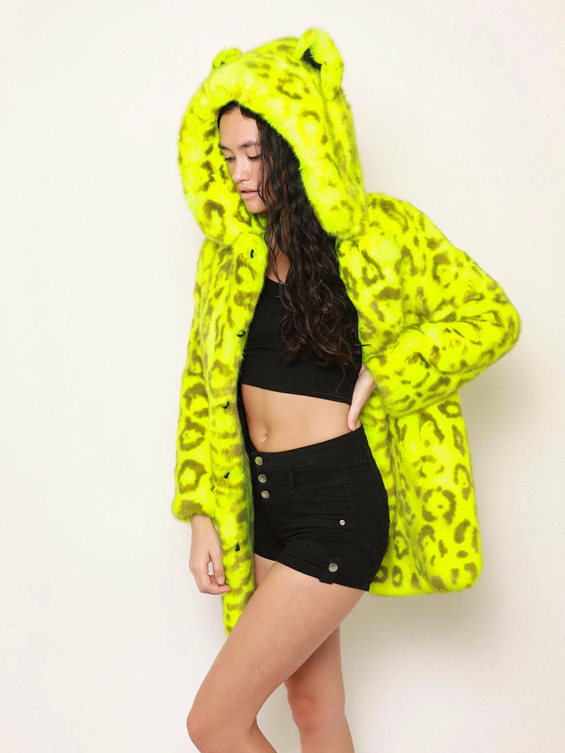 SpiritHoods LLC COLORFUL PARTY ANIMALS Neon Yellow Leopard Luxe Classic Faux Fur Coat | Women's 4 SpiritHoods LLC COLORFUL PARTY ANIMALS Neon Yellow Leopard Luxe Classic Faux Fur Coat | Women's