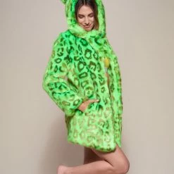 SpiritHoods LLC VIBRANT COLORS Neon Green Leopard Luxe Classic Faux Fur Coat | Women's
