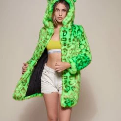 SpiritHoods LLC VIBRANT COLORS Neon Green Leopard Luxe Classic Faux Fur Coat | Women's