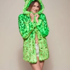 SpiritHoods LLC VIBRANT COLORS Neon Green Leopard Luxe Classic Faux Fur Coat | Women's
