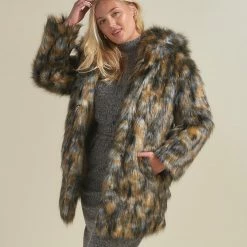 SpiritHoods LLC NIGHT TIME STYLE Brindle Wolf Hooded Faux Fur Coat | Women's