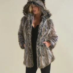 SpiritHoods LLC Grey Wolf Classic Faux Fur Coat | Women's