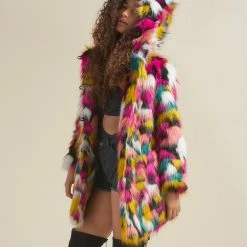SpiritHoods LLC COLORFUL PARTY ANIMALS Rainbow Butterfly Hooded Faux Fur Coat | Women's