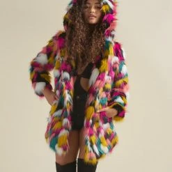 SpiritHoods LLC COLORFUL PARTY ANIMALS Rainbow Butterfly Hooded Faux Fur Coat | Women's