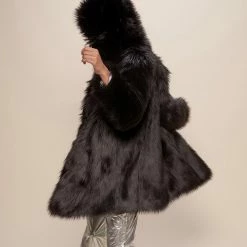 SpiritHoods LLC Black Wolf Plaid Hooded Faux Fur Coat | Women's