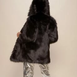 SpiritHoods LLC Black Wolf Plaid Hooded Faux Fur Coat | Women's