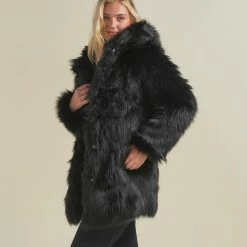 SpiritHoods LLC Black Wolf Hooded Faux Fur Coat | Women's FESTIVAL