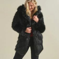 SpiritHoods LLC Black Wolf Hooded Faux Fur Coat | Women's FESTIVAL