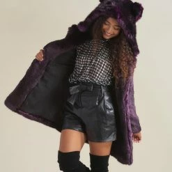 SpiritHoods LLC Midnight Wolf Luxe Classic Faux Fur Coat | Women's