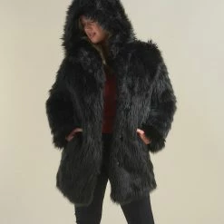 SpiritHoods LLC Black Wolf Hooded Faux Fur Coat | Women's FESTIVAL