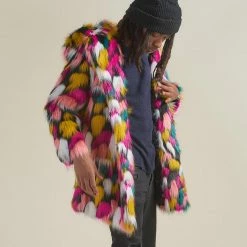 SpiritHoods LLC Rainbow Butterfly Hooded Faux Fur Coat | Men's COLORFUL PARTY ANIMALS