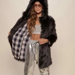 SpiritHoods LLC Black Wolf Plaid Hooded Faux Fur Coat | Women's