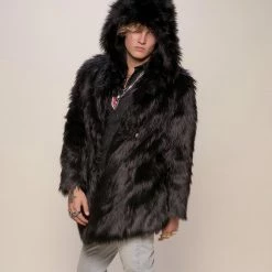 SpiritHoods LLC FESTIVAL SALE Black Wolf Plaid Hooded Faux Fur Coat | Men's
