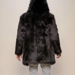 SpiritHoods LLC FESTIVAL SALE Black Wolf Plaid Hooded Faux Fur Coat | Men's