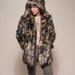 SpiritHoods LLC NIGHT TIME STYLE Brindle Wolf Hooded Faux Fur Coat | Men's 14 SpiritHoods LLC NIGHT TIME STYLE Brindle Wolf Hooded Faux Fur Coat | Men's