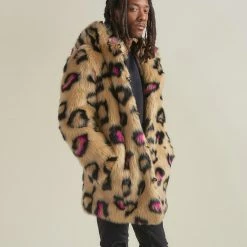 SpiritHoods Pink Spotted Leopard Classic Faux Fur Coat | Men's NIGHT TIME STYLE