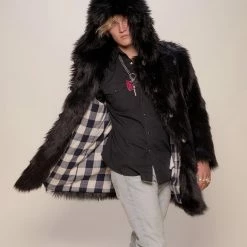 SpiritHoods LLC FESTIVAL SALE Black Wolf Plaid Hooded Faux Fur Coat | Men's