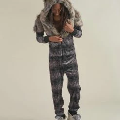 SpiritHoods LLC Grazer Wolf Artist Edition Faux Fur Animal Onesie | Men's