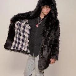 SpiritHoods LLC FESTIVAL SALE Black Wolf Plaid Hooded Faux Fur Coat | Men's