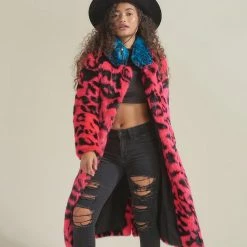 SpiritHoods LLC COLORFUL PARTY ANIMALS Pink Panther Calf Length Faux Fur Coat | Women's