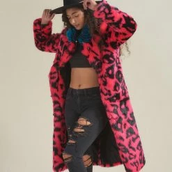 SpiritHoods LLC COLORFUL PARTY ANIMALS Pink Panther Calf Length Faux Fur Coat | Women's