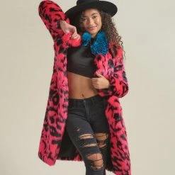 SpiritHoods LLC COLORFUL PARTY ANIMALS Pink Panther Calf Length Faux Fur Coat | Women's