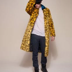 SpiritHoods LLC COLORFUL PARTY ANIMALS Yellow Cheetah Calf Length Faux Fur Coat | Men's