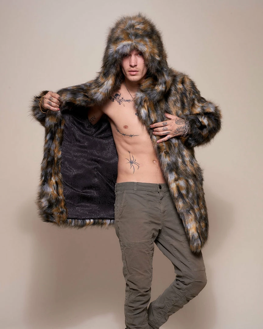 SpiritHoods LLC NIGHT TIME STYLE Brindle Wolf Hooded Faux Fur Coat | Men's 8 SpiritHoods LLC NIGHT TIME STYLE Brindle Wolf Hooded Faux Fur Coat | Men's