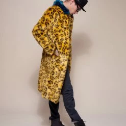 SpiritHoods LLC COLORFUL PARTY ANIMALS Yellow Cheetah Calf Length Faux Fur Coat | Men's