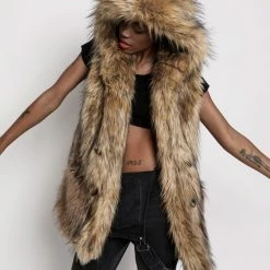 SpiritHoods LLC Golden Jackal Hooded Faux Fur Vest | Women's
