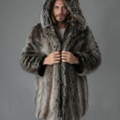 SpiritHoods LLC FESTIVAL Grey Wolf Hooded Faux Fur Coat | Men's