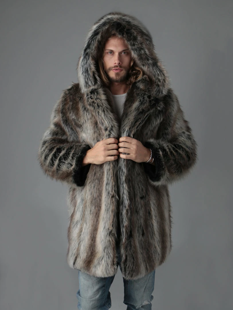 SpiritHoods LLC FESTIVAL Grey Wolf Hooded Faux Fur Coat | Men's 1 SpiritHoods LLC FESTIVAL Grey Wolf Hooded Faux Fur Coat | Men's