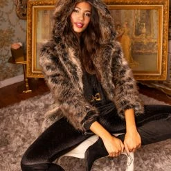 SpiritHoods LLC Grey Wolf Hooded Faux Fur Coat | Women's FESTIVAL
