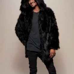SpiritHoods LLC Black Wolf Hooded Faux Fur Coat | Men's FESTIVAL