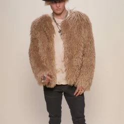 SpiritHoods LLC FESTIVAL SALE Tan Alpaca Faux Fur Bomber Jacket | Men's