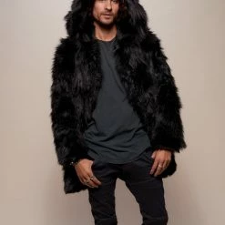 SpiritHoods LLC Black Wolf Hooded Faux Fur Coat | Men's FESTIVAL