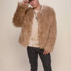 SpiritHoods LLC FESTIVAL SALE Tan Alpaca Faux Fur Bomber Jacket | Men's
