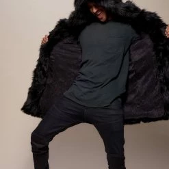SpiritHoods LLC Black Wolf Hooded Faux Fur Coat | Men's FESTIVAL