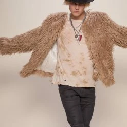 SpiritHoods LLC FESTIVAL SALE Tan Alpaca Faux Fur Bomber Jacket | Men's