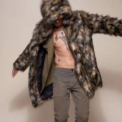 SpiritHoods LLC NIGHT TIME STYLE Brindle Wolf Hooded Faux Fur Coat | Men's 11 SpiritHoods LLC NIGHT TIME STYLE Brindle Wolf Hooded Faux Fur Coat | Men's