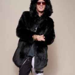 SpiritHoods LLC Black Wolf Hooded Faux Fur Coat | Men's FESTIVAL