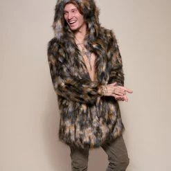 SpiritHoods LLC NIGHT TIME STYLE Brindle Wolf Hooded Faux Fur Coat | Men's