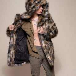 SpiritHoods LLC NIGHT TIME STYLE Brindle Wolf Hooded Faux Fur Coat | Men's