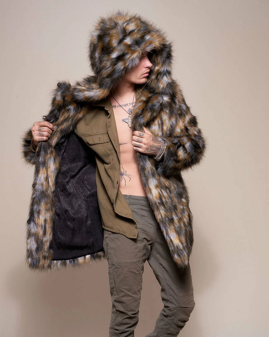 SpiritHoods LLC NIGHT TIME STYLE Brindle Wolf Hooded Faux Fur Coat | Men's 2 SpiritHoods LLC NIGHT TIME STYLE Brindle Wolf Hooded Faux Fur Coat | Men's