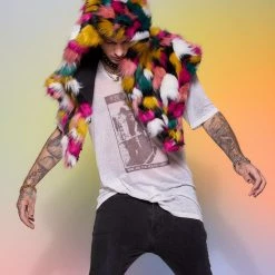 SpiritHoods LLC COLORFUL PARTY ANIMALS Rainbow Butterfly Hooded Faux Fur Shawl | Men's