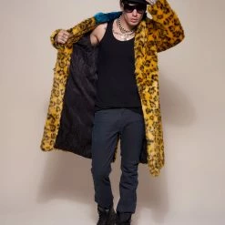 SpiritHoods LLC COLORFUL PARTY ANIMALS Yellow Cheetah Calf Length Faux Fur Coat | Men's